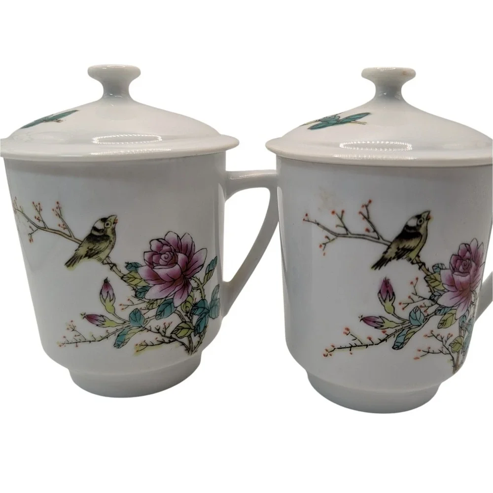 Vintage Chinese Footed Teacup Lidded Asian Rose Floral Bird‎ Set of Two SEE